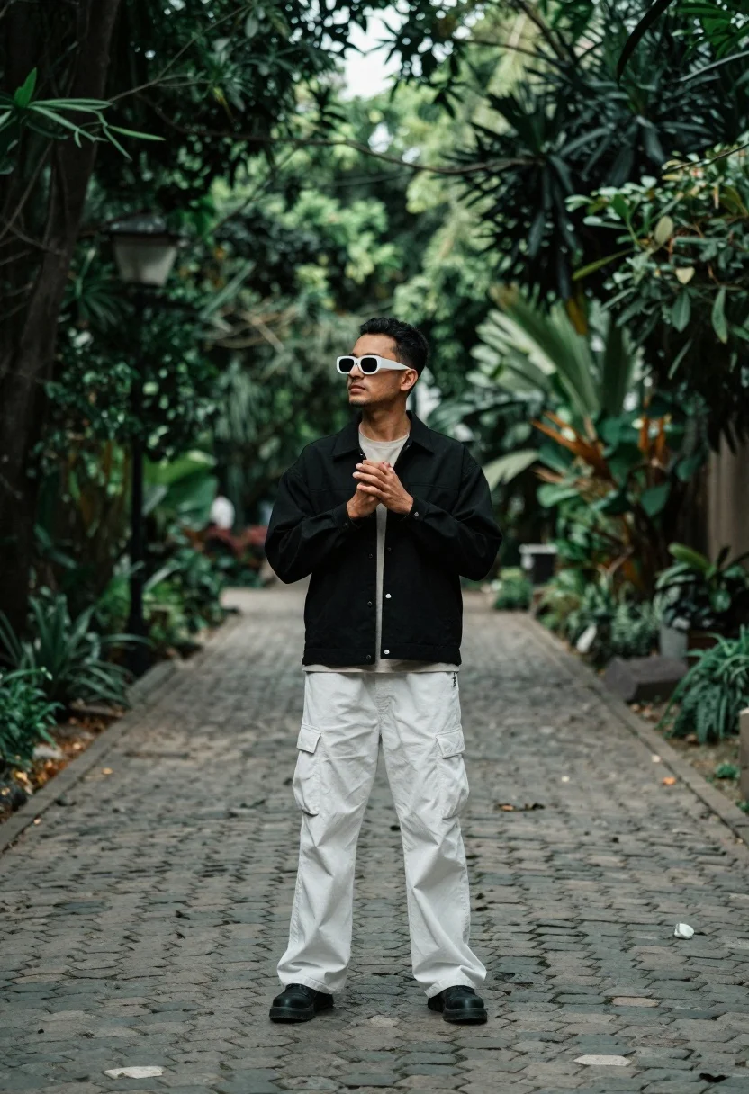 Man standing on cobblestone path surrounded by lush greenery at low angle - AI generated image prompt sample
