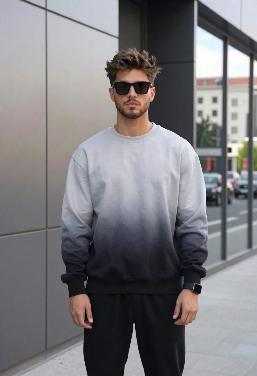 Young man in gradient sweatshirt standing in modern city street setting - AI generated image prompt sample