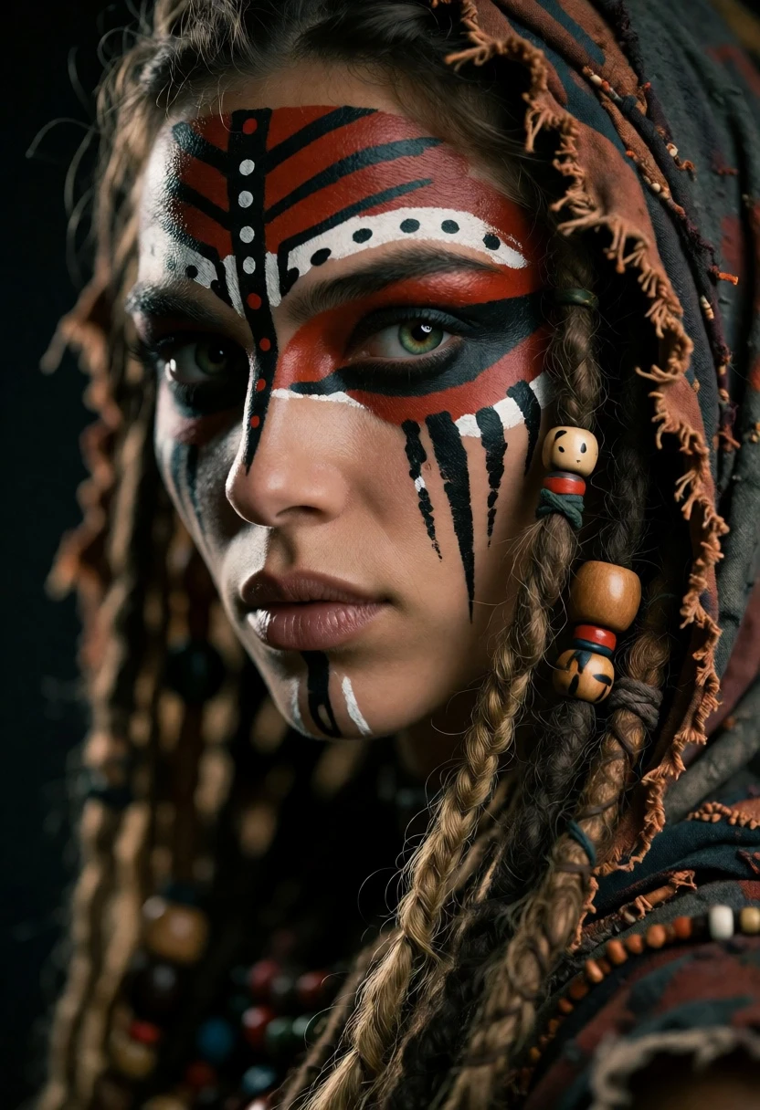 Close up portrait of woman with tribal face paint and beaded dreadlocks - AI generated image prompt sample