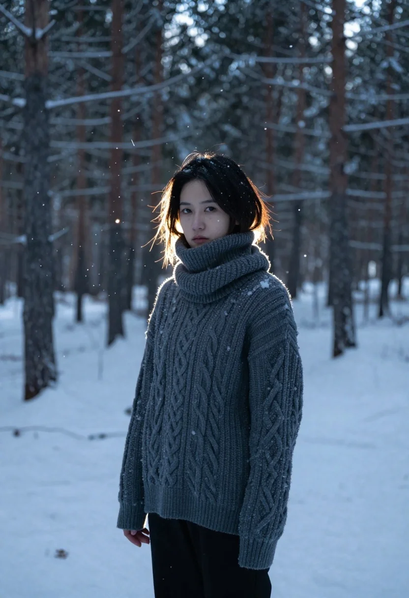Young woman in grey sweater standing in snowy pine forest - AI generated image prompt sample