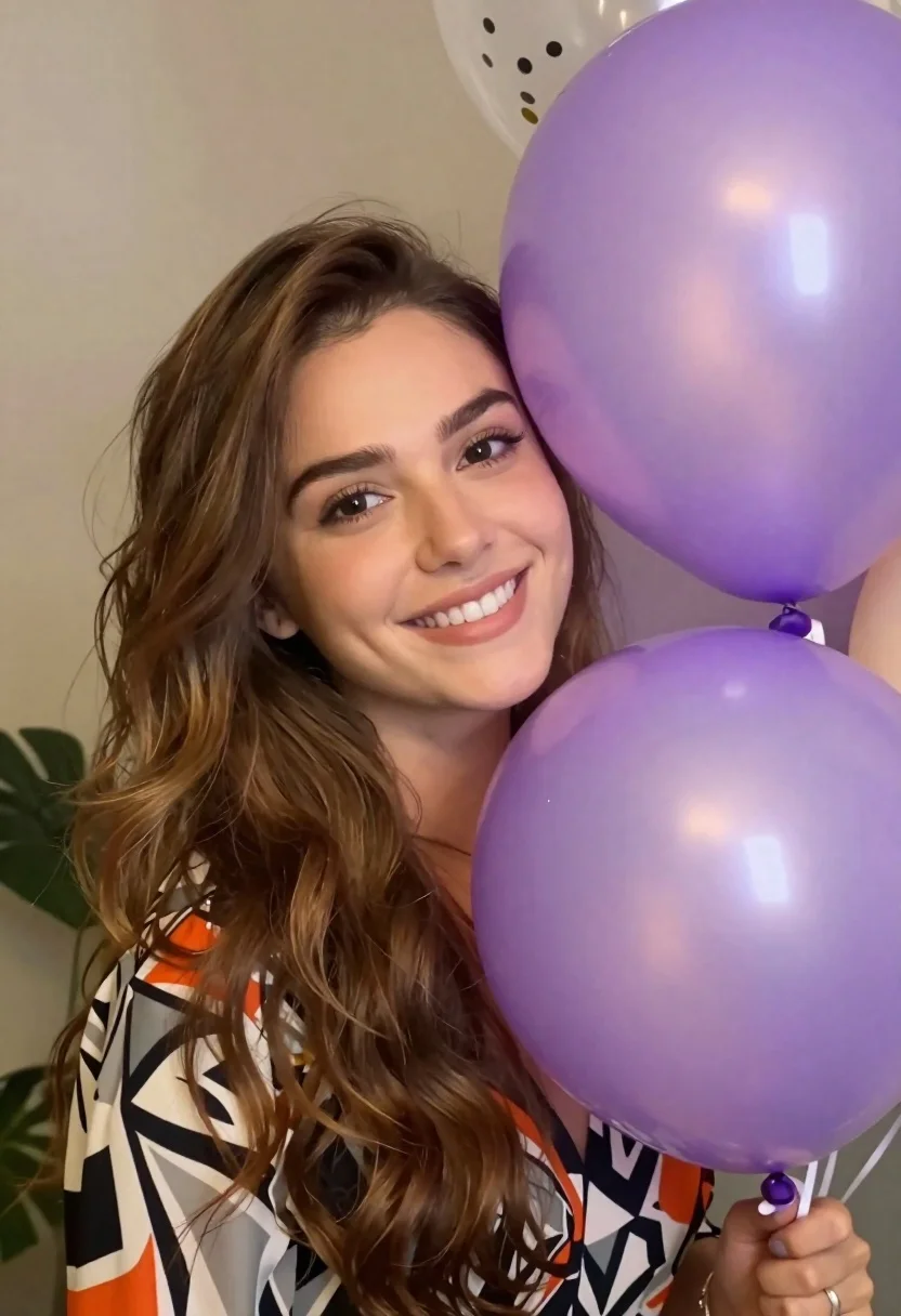 Cheerful young woman holding purple balloons indoors with soft lighting