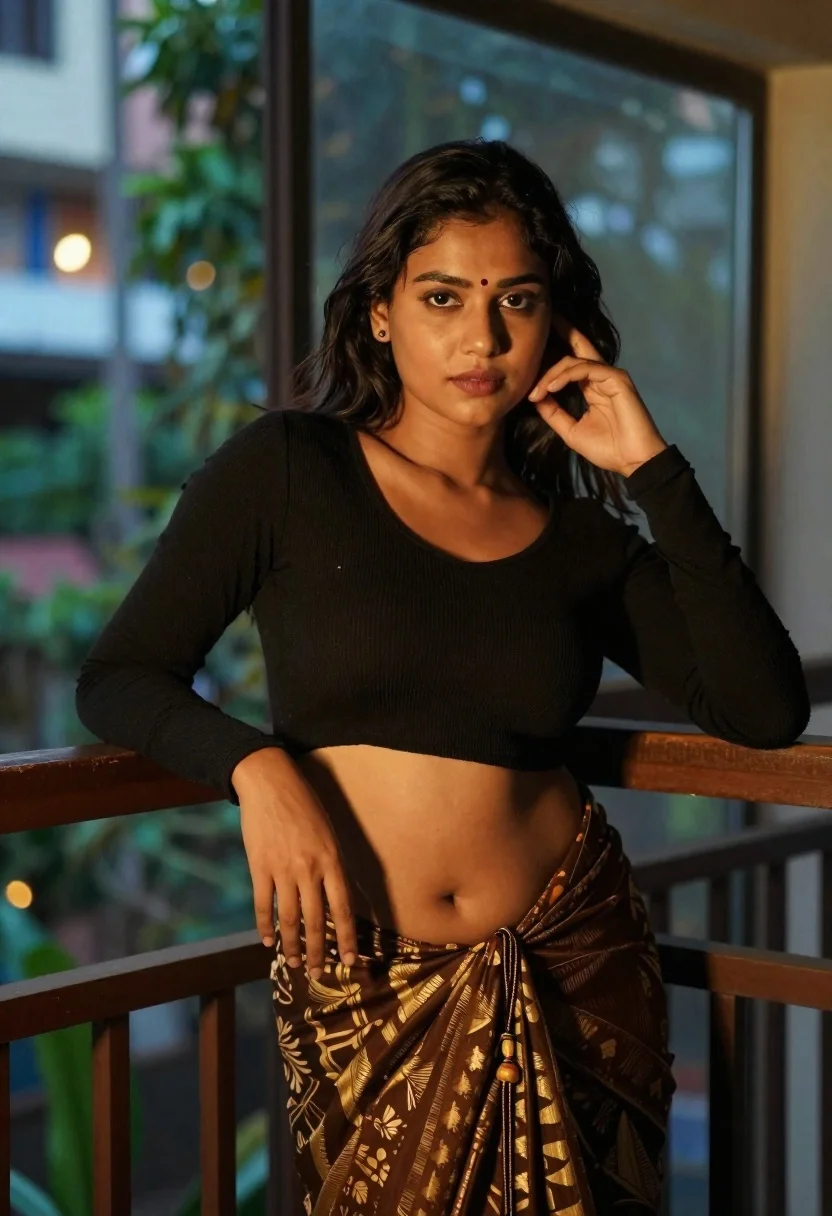 Young woman in sari leaning on railing overlooking city view