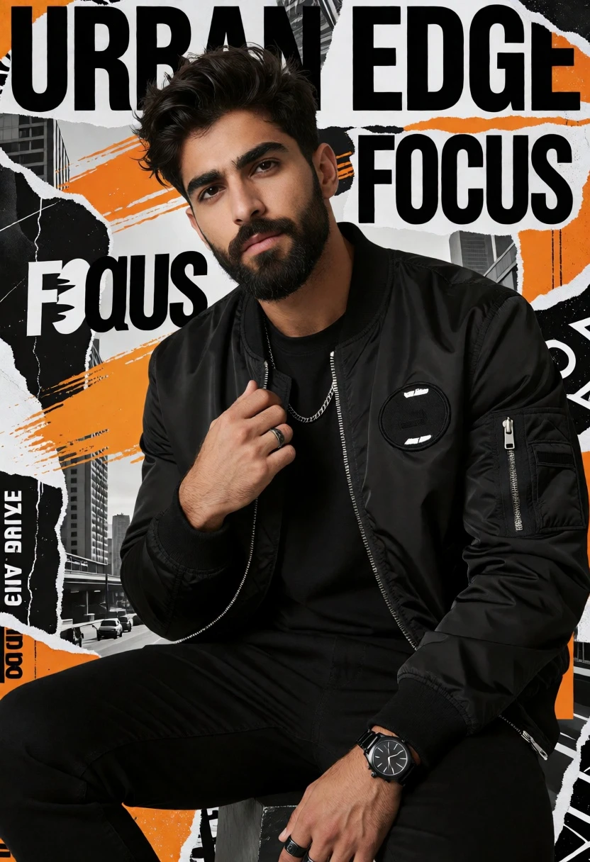 Handsome man in all black jacket against bold typography collage backdrop - AI generated image prompt sample