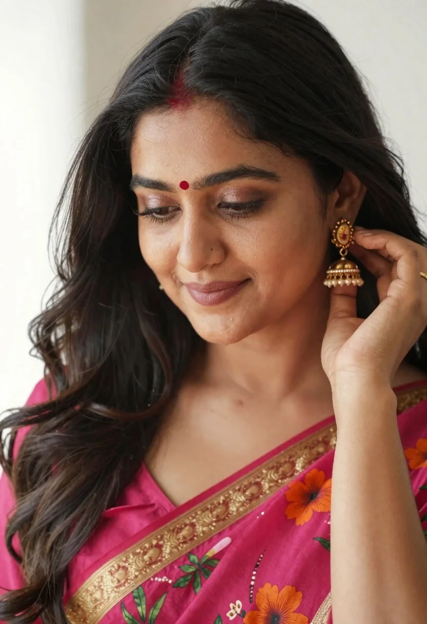 Close up portrait of woman in pink floral saree touching earring