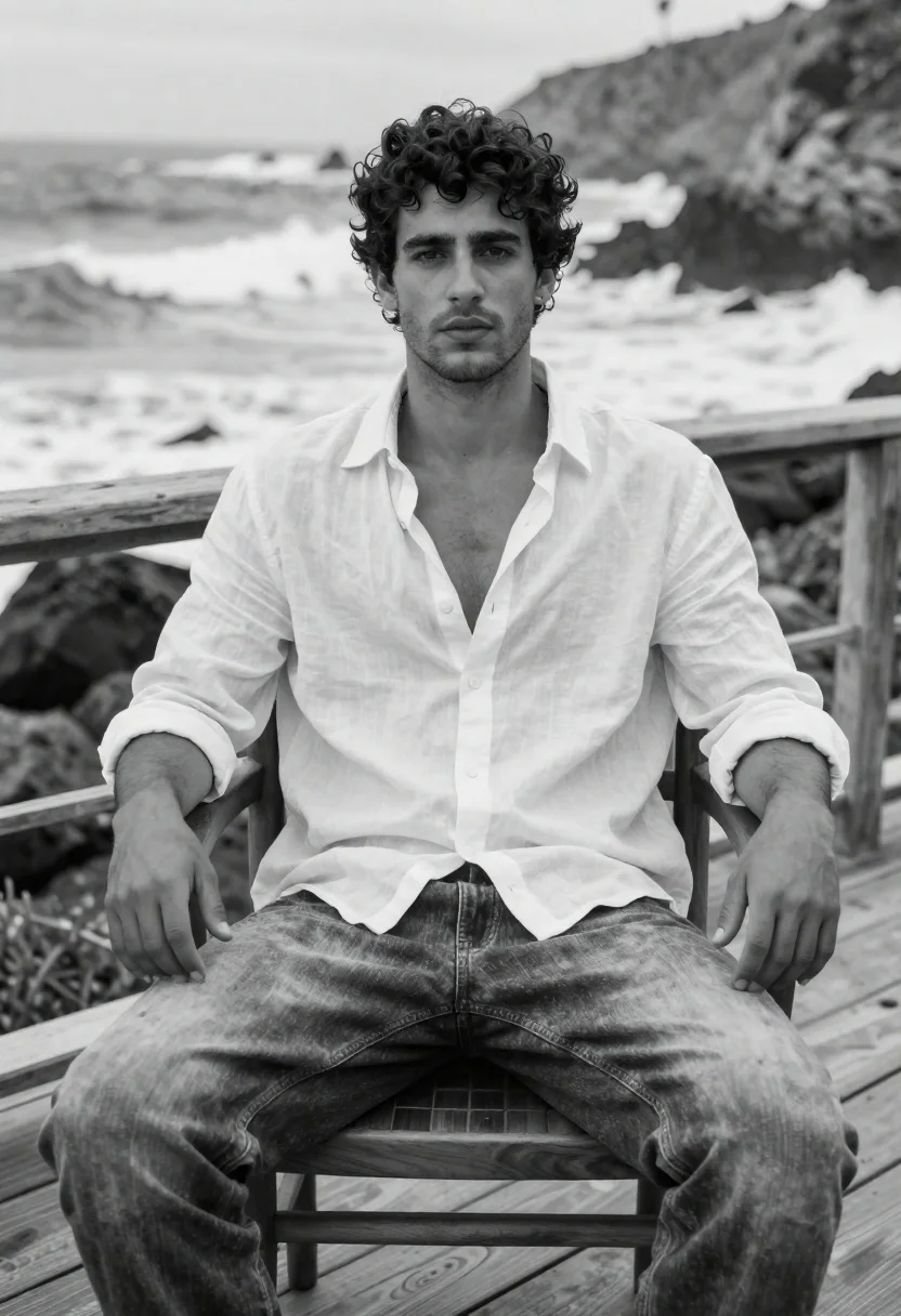 Handsome young man in linen shirt sitting on coastal deck by ocean - AI generated image prompt sample