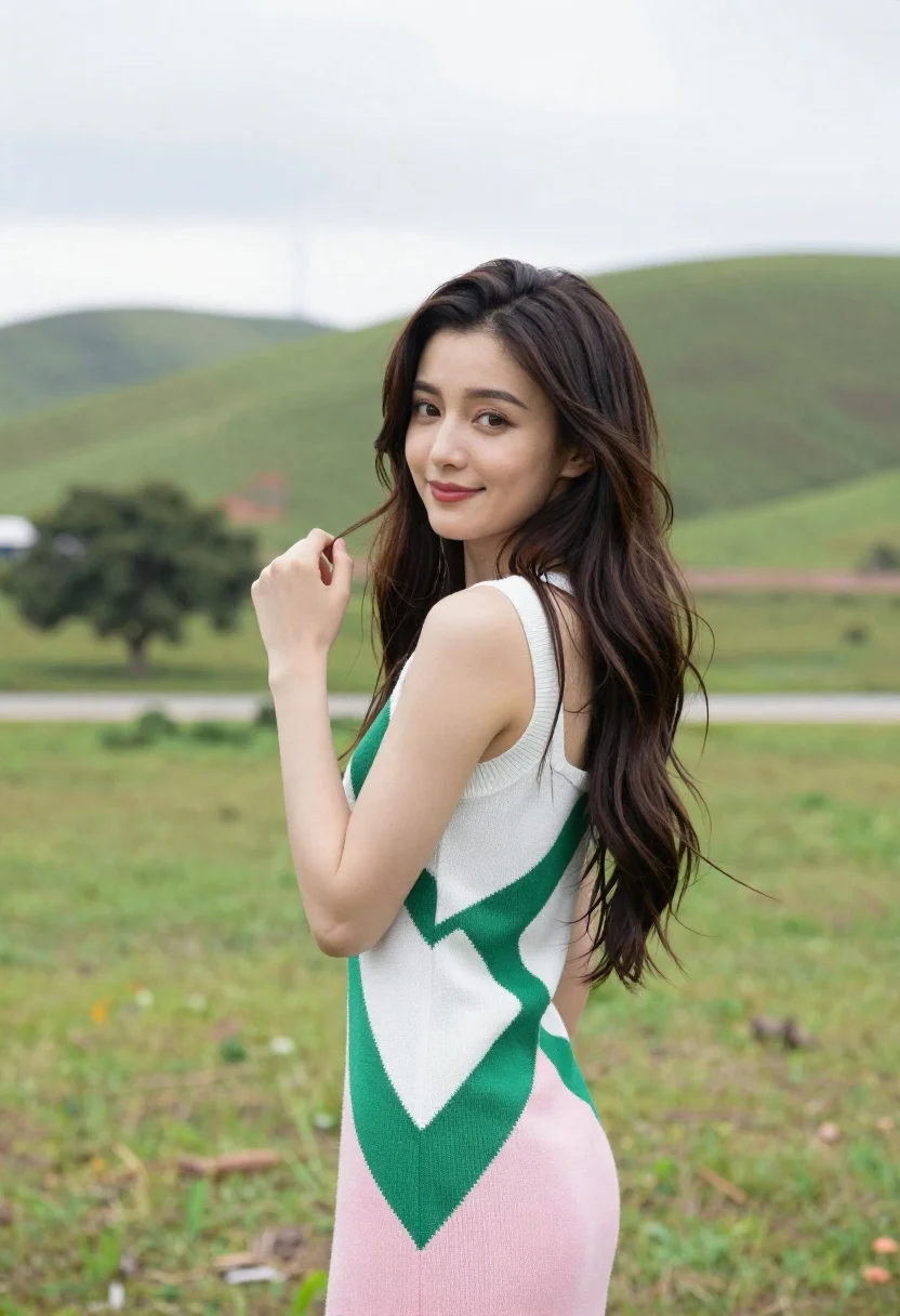 Young woman in patterned dress looking back over grassy hills