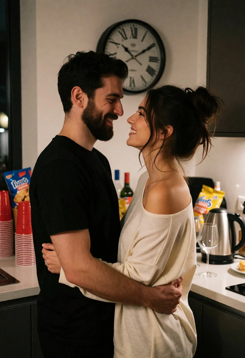 Couple embracing in modern kitchen at night with warm artificial lighting - AI generated image prompt sample