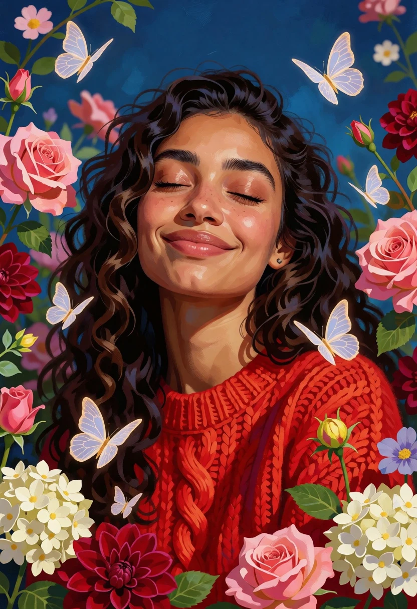 Serene portrait of smiling woman with flowers and butterflies against blue background - AI generated image prompt sample