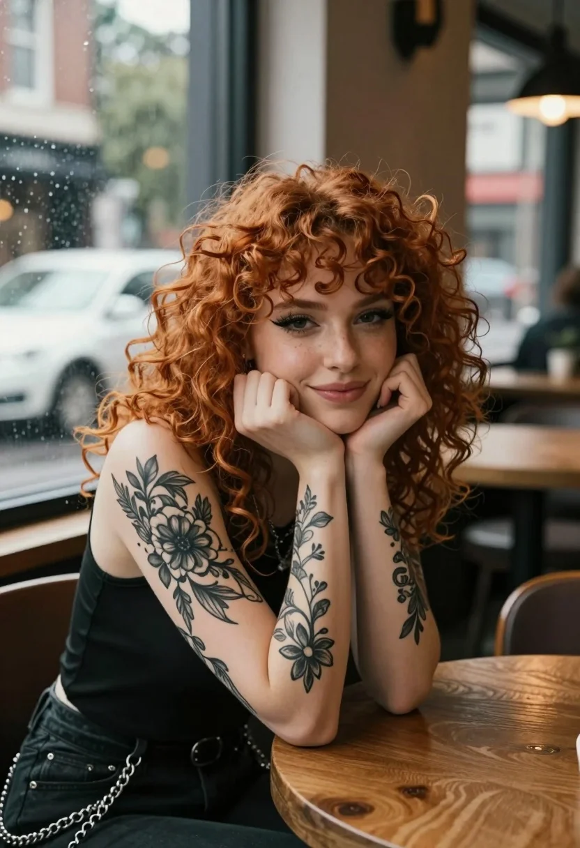 Medium close up portrait of woman with red hair in cafe by - AI generated image prompt sample