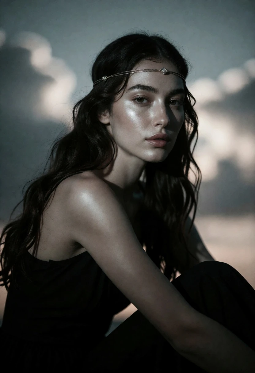 Portrait of woman with dark wavy hair against moody cloudy twilight sky - AI generated image prompt sample