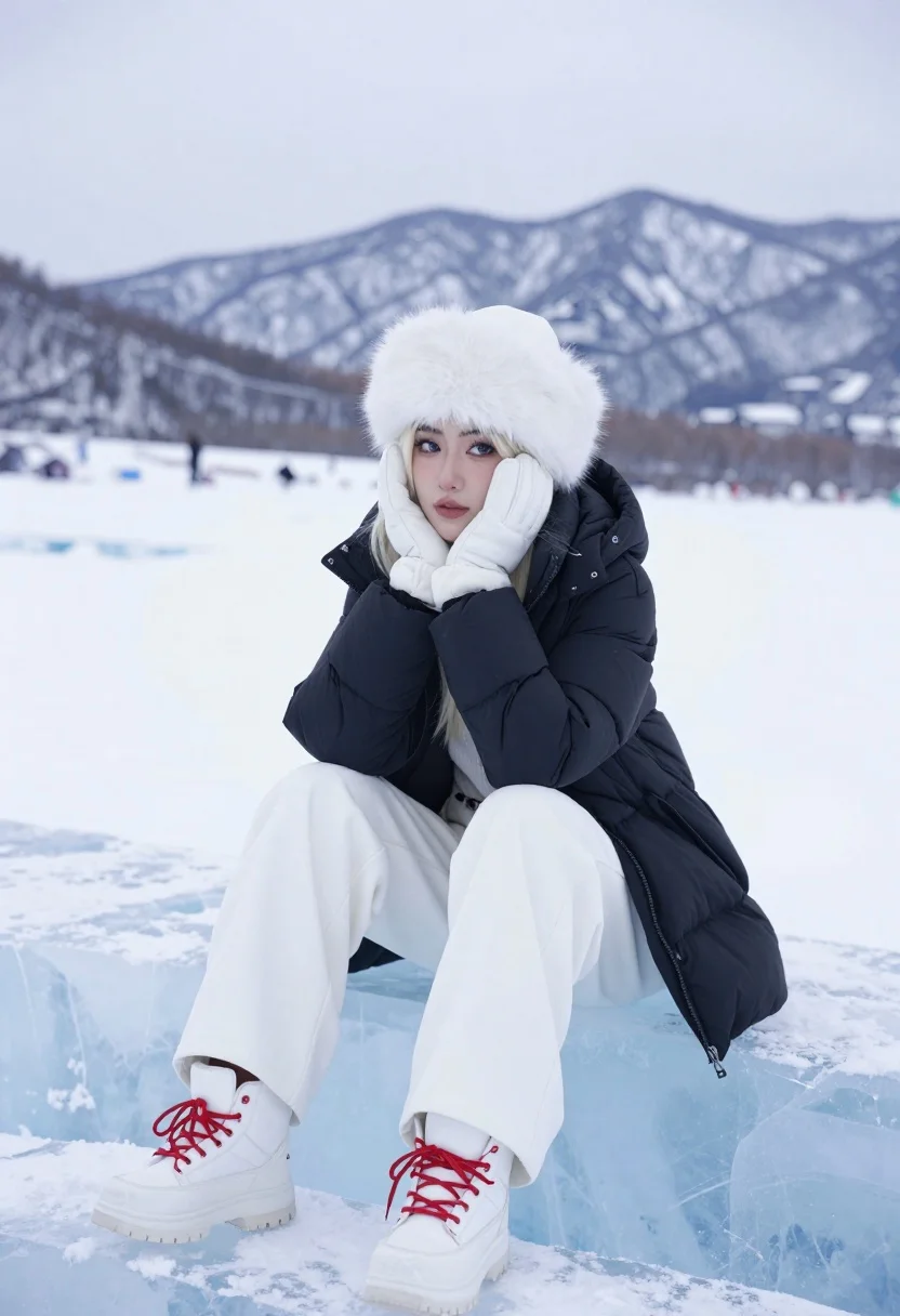 Young woman in black puffer jacket sitting on blue ice block in - AI generated image prompt sample