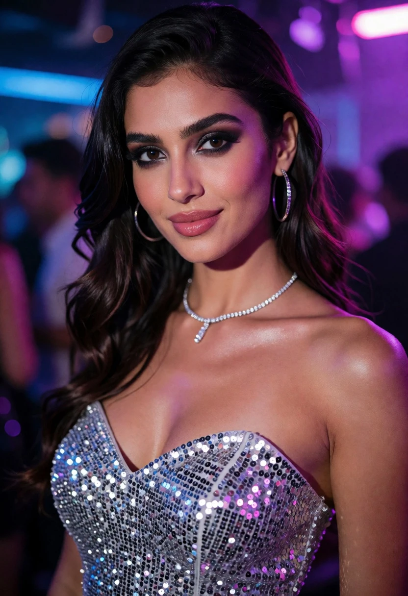 Glamorous woman in silver sequined dress at dimly lit nightclub portrait - AI generated image prompt sample