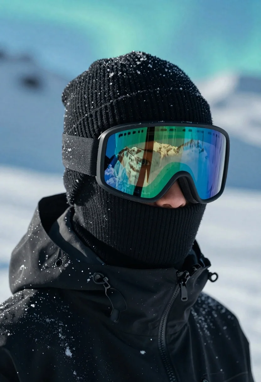 Snowboarder portrait against snowy mountain backdrop