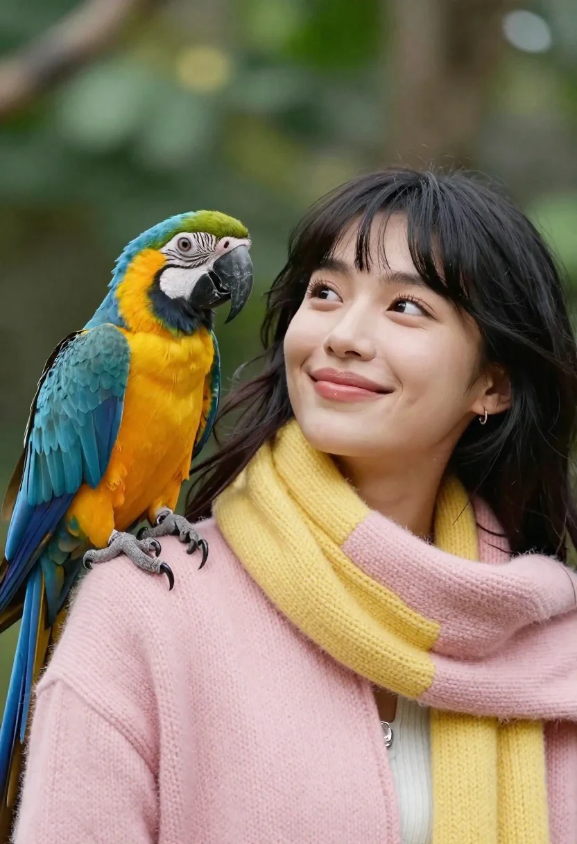 Closeup portrait of smiling woman with dark hair looking at blue macaw - AI generated image prompt sample