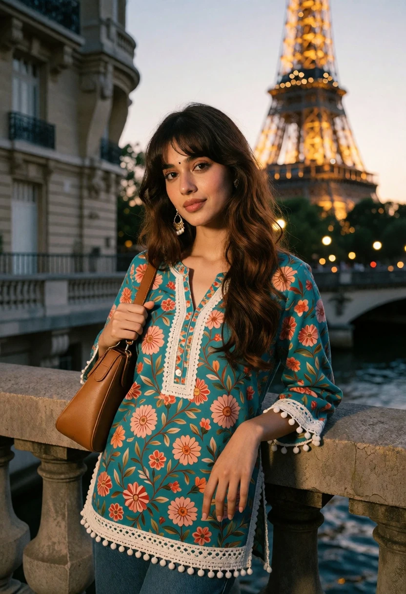 Young woman in teal tunic on paris bridge near glowing eiffel tower - AI generated image prompt sample