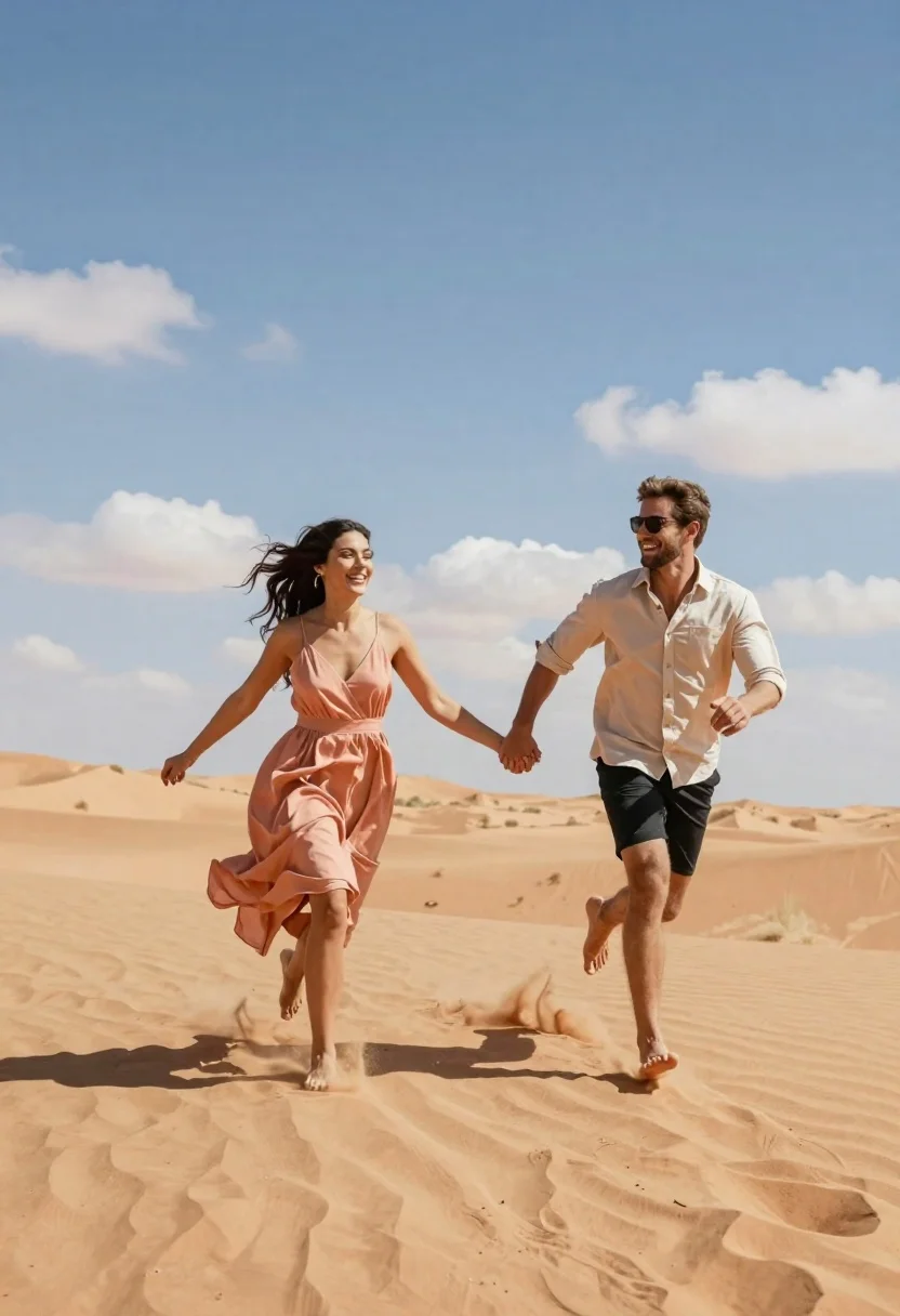 Joyful couple running hand in hand across vast desert landscape under blue - AI generated image prompt sample