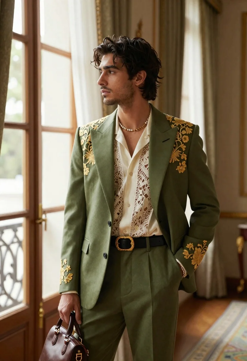Handsome young man in embroidered suit standing in luxurious interior room - AI generated image prompt sample