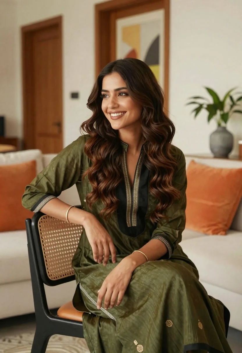 Smiling young woman with brown hair in modern living room setting