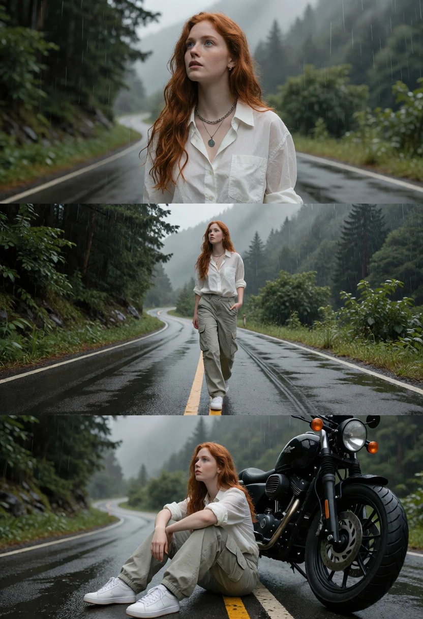 Young woman with red hair on a winding misty road through dense - AI generated image prompt sample