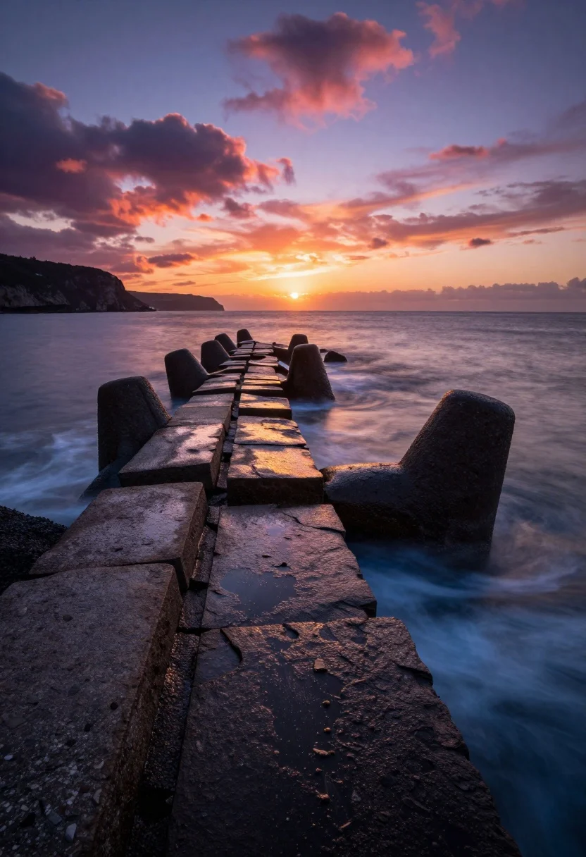 Rugged stone breakwaters leading to a glowing sunset horizon over calm ocean - AI generated image prompt sample