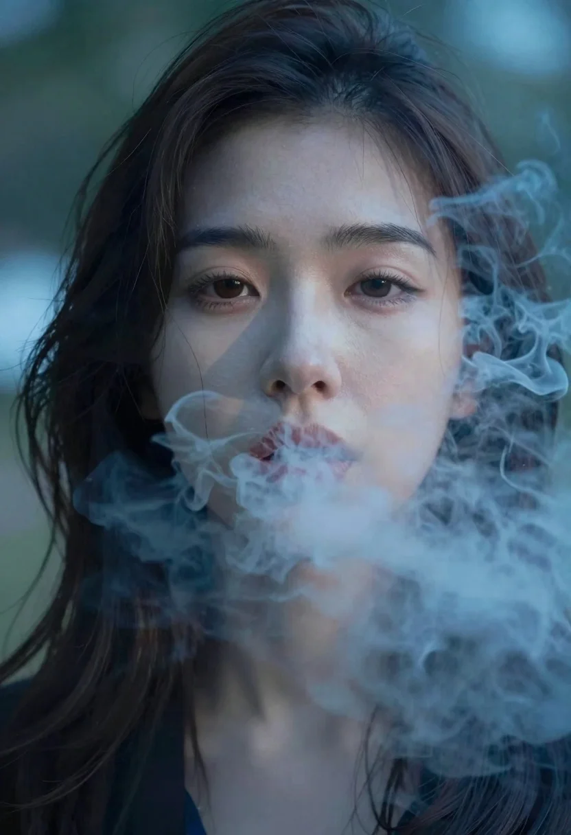 Portrait of young woman exhaling blue vapor in mist - AI generated image prompt sample