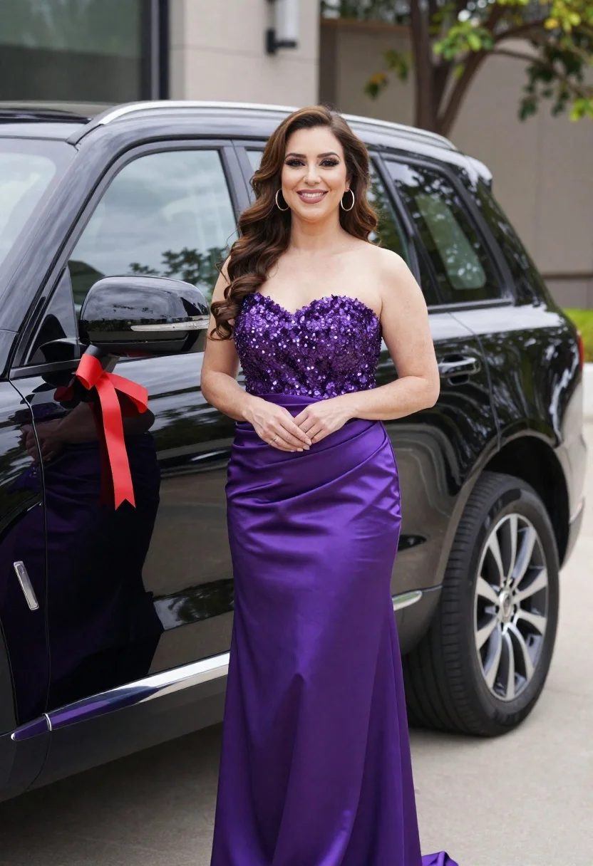 Smiling woman in purple gown next to black suv with red ribbon