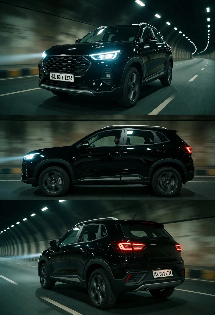 Glossy black suv speeding through dark tunnel with cinematic motion blur effects - AI generated image prompt sample