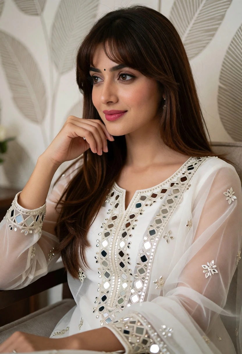 Portrait of young woman in white embroidered traditional outfit indoors - AI generated image prompt sample