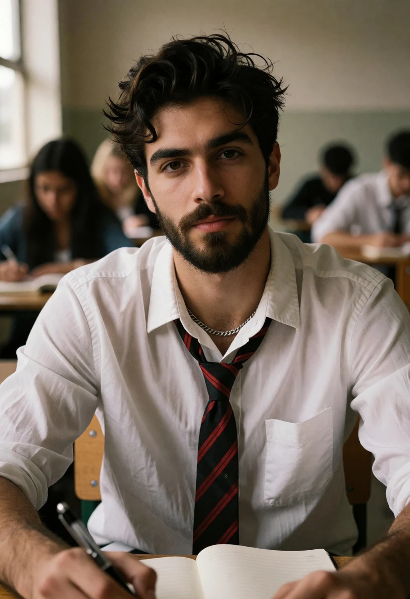 Young man with beard sitting at classroom desk looking directly forward - AI generated image prompt sample