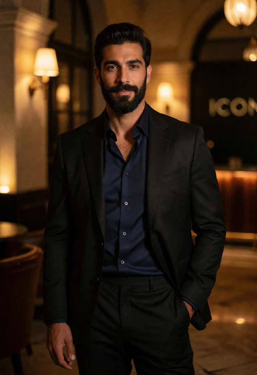 Confident man in black suit standing inside upscale venue with golden light - AI generated image prompt sample
