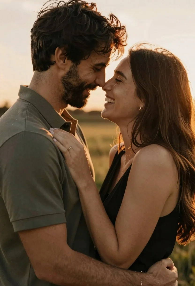 Romantic couple embracing in warm sunset light during golden hour - AI generated image prompt sample