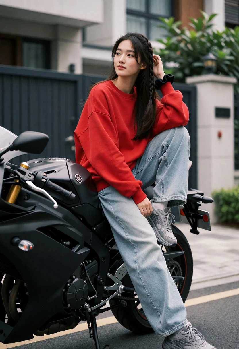 Young woman sitting sideways on a black motorcycle in an urban driveway - AI generated image prompt sample