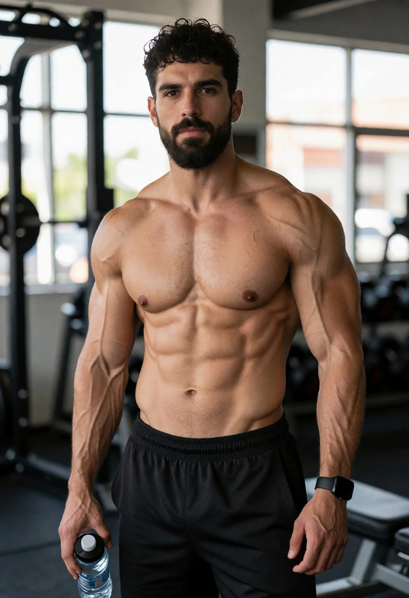 Muscular man standing shirtless in a gym with natural light background - AI generated image prompt sample