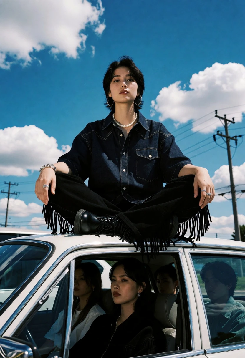 Young woman sitting on vintage car roof under bright blue sky - AI generated image prompt sample
