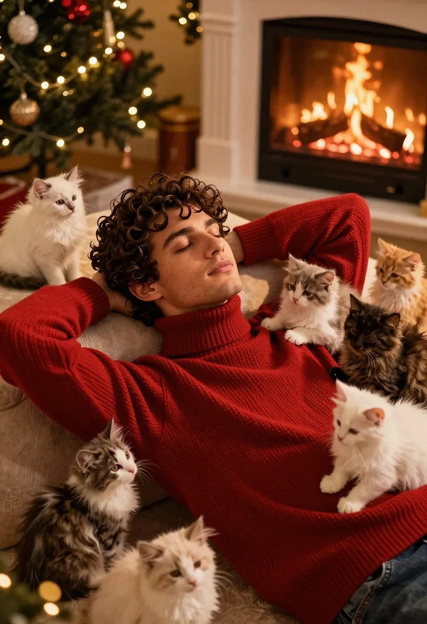 Young man in red sweater surrounded by fluffy kittens near fireplace - AI generated image prompt sample
