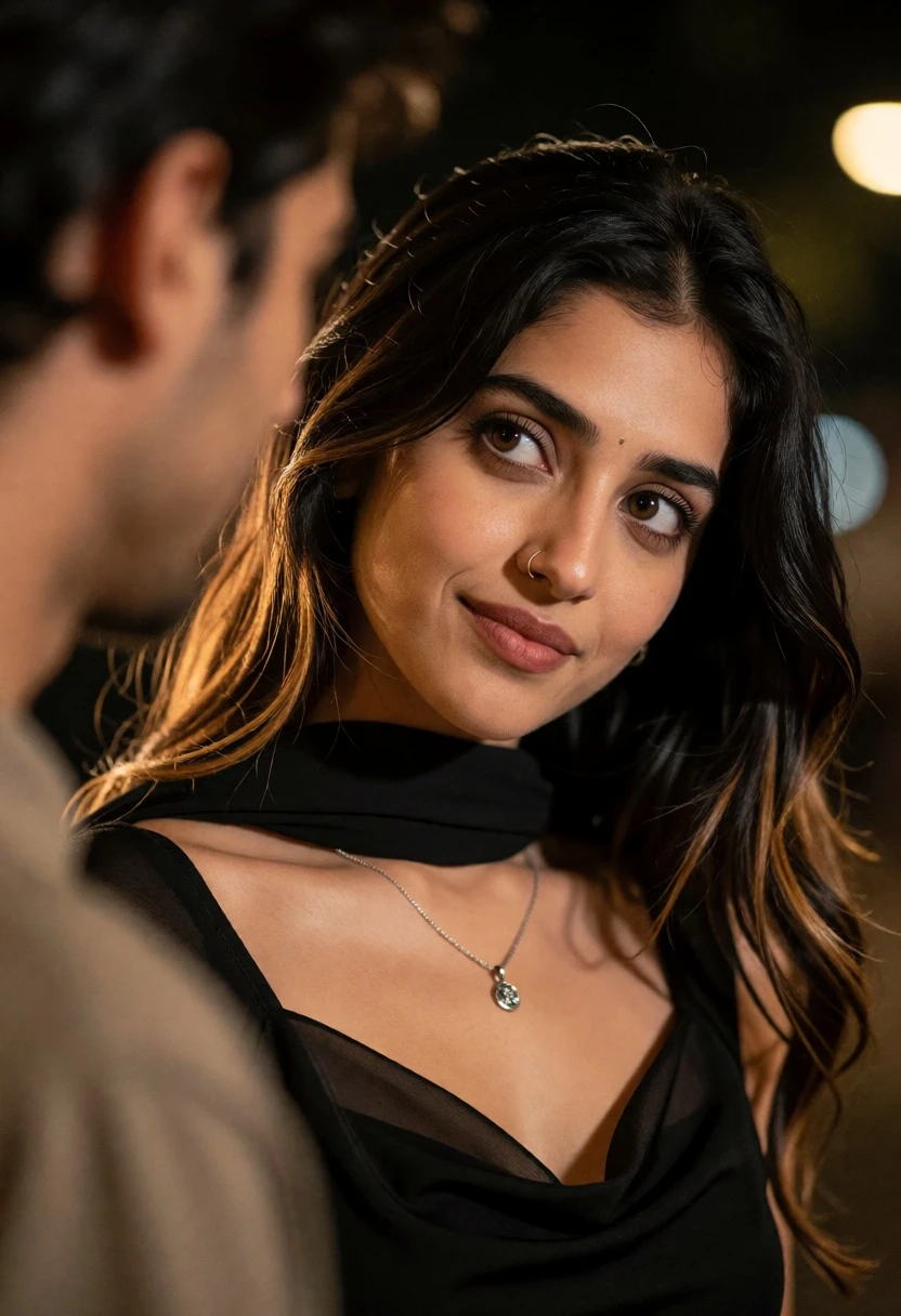 Close up portrait of woman looking over shoulder at man in dark - AI generated image prompt sample