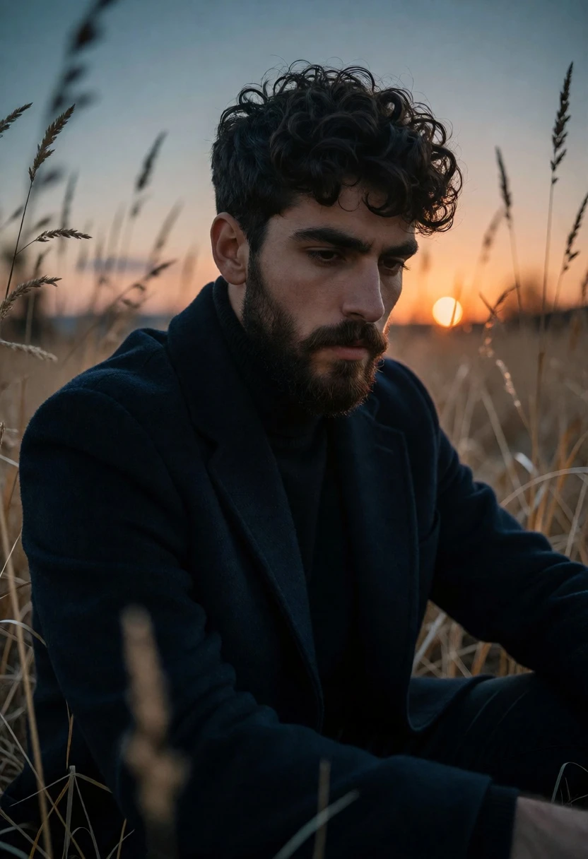 Contemplative portrait of young man in dark coat sitting in dry grass - AI generated image prompt sample