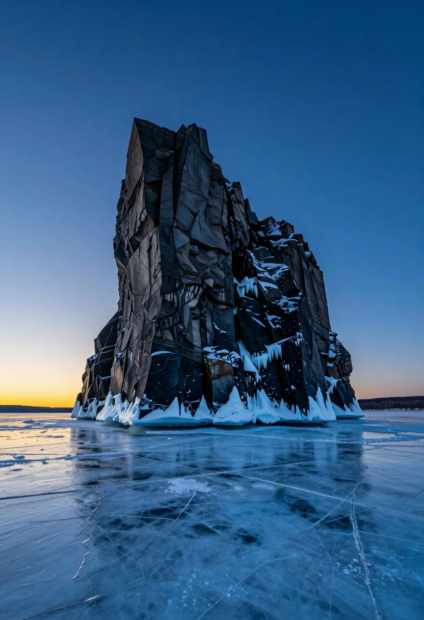 Jagged dark rock island rising from cracked ice lake under blue twilight - AI generated image prompt sample