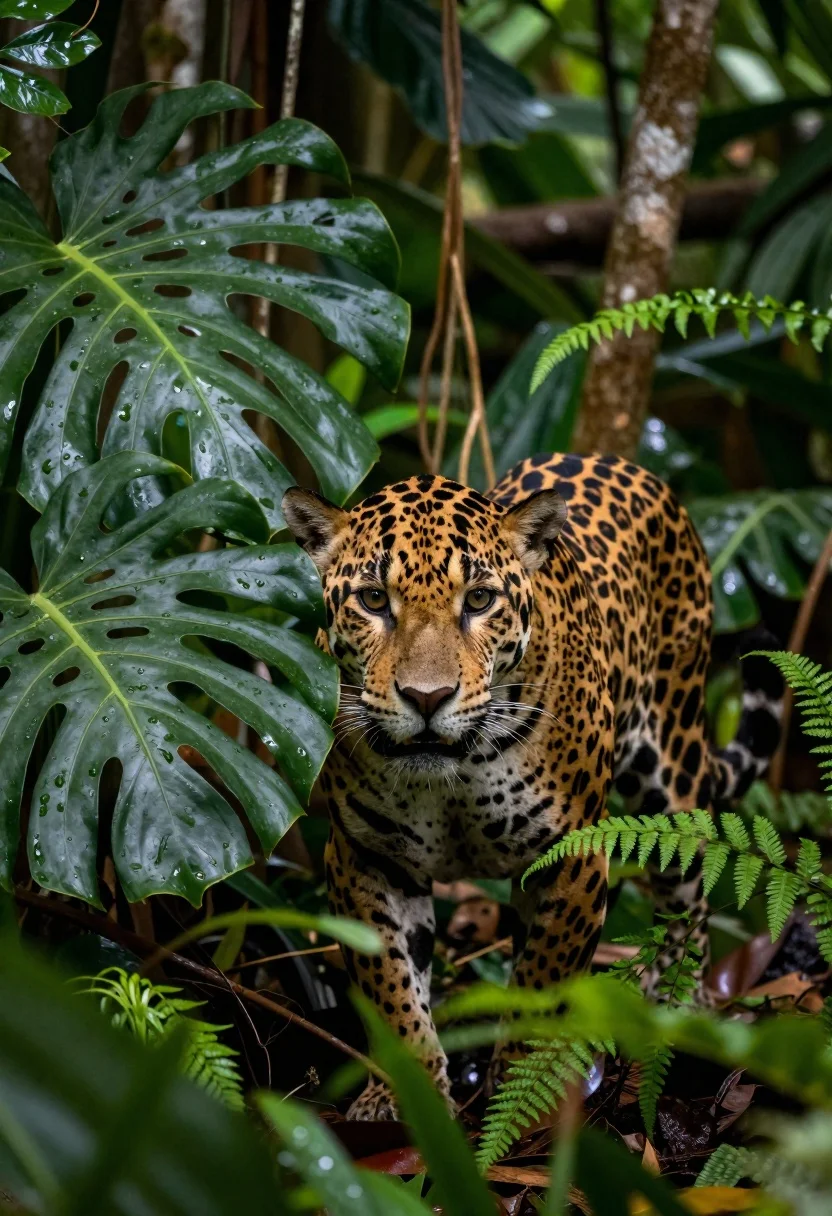 Large spotted jaguar crouching in lush rainforest foliage - AI generated image prompt sample