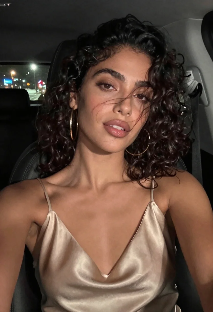 Woman in champagne top taking a selfie in a car