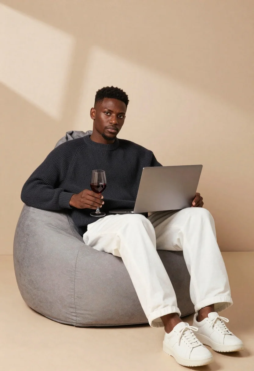 Black man sitting on beanbag chair with wine glass - AI generated image prompt sample