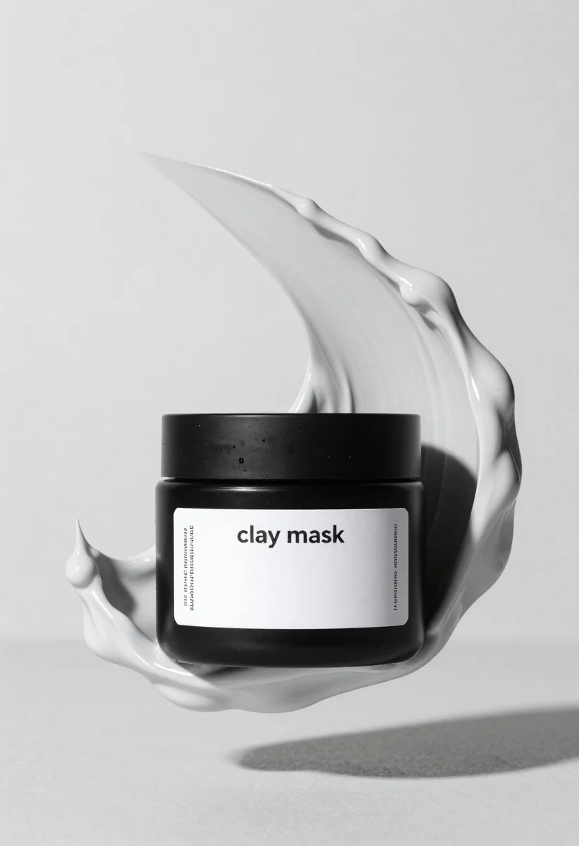 Black jar of clay mask with swirling white cream - AI generated image prompt sample