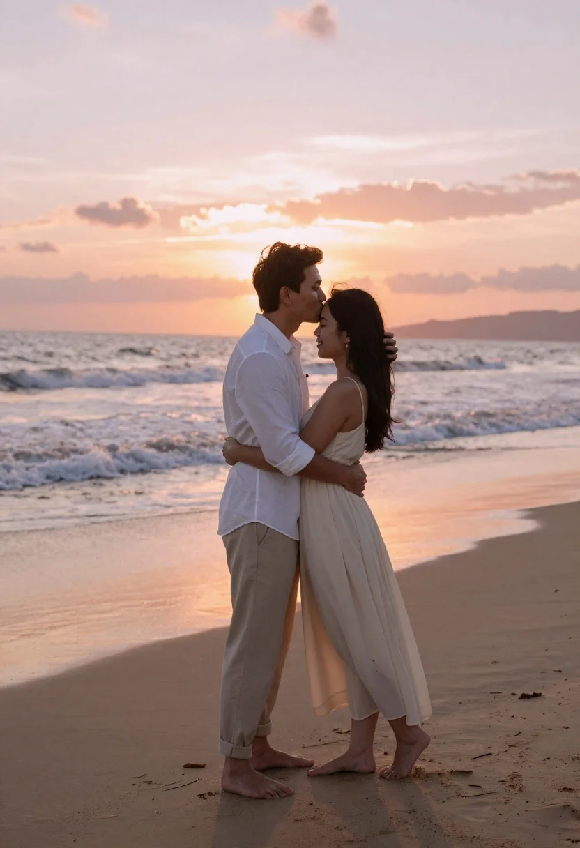 Romantic couple embracing on a sandy beach during sunset golden hour - AI generated image prompt sample