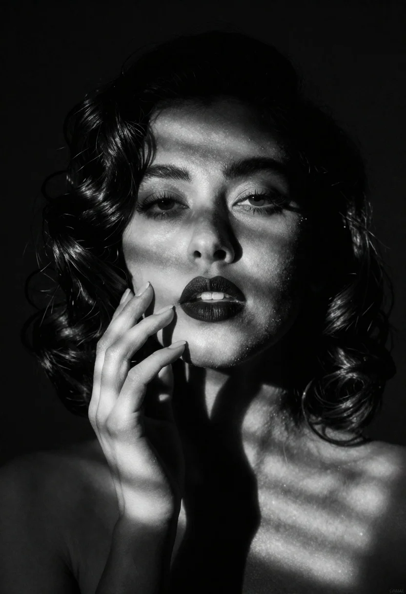 A Dramatic black and white portrait of woman with dark wavy hair - AI generated image prompt sample