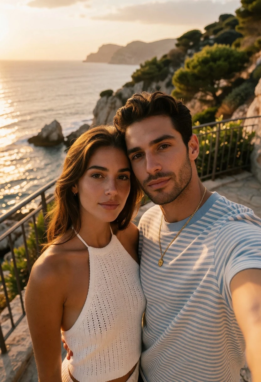 Couple selfie on seaside terrace during golden hour sunset view - AI generated image prompt sample