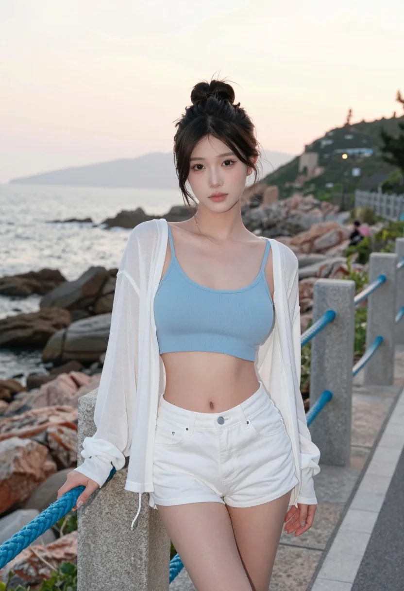 Young east asian woman by railing on rocky coastal path at sunset - AI generated image prompt sample