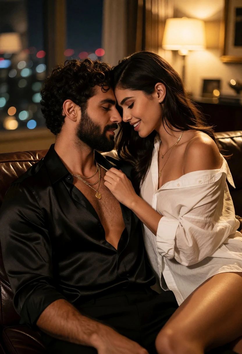 Intimate couple portrait on leather couch overlooking blurred city skyline - AI generated image prompt sample