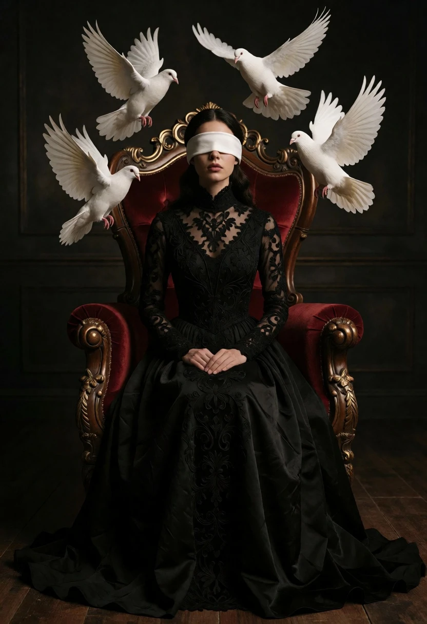 Woman blindfolded on ornate throne surrounded by white doves in dimly lit - AI generated image prompt sample