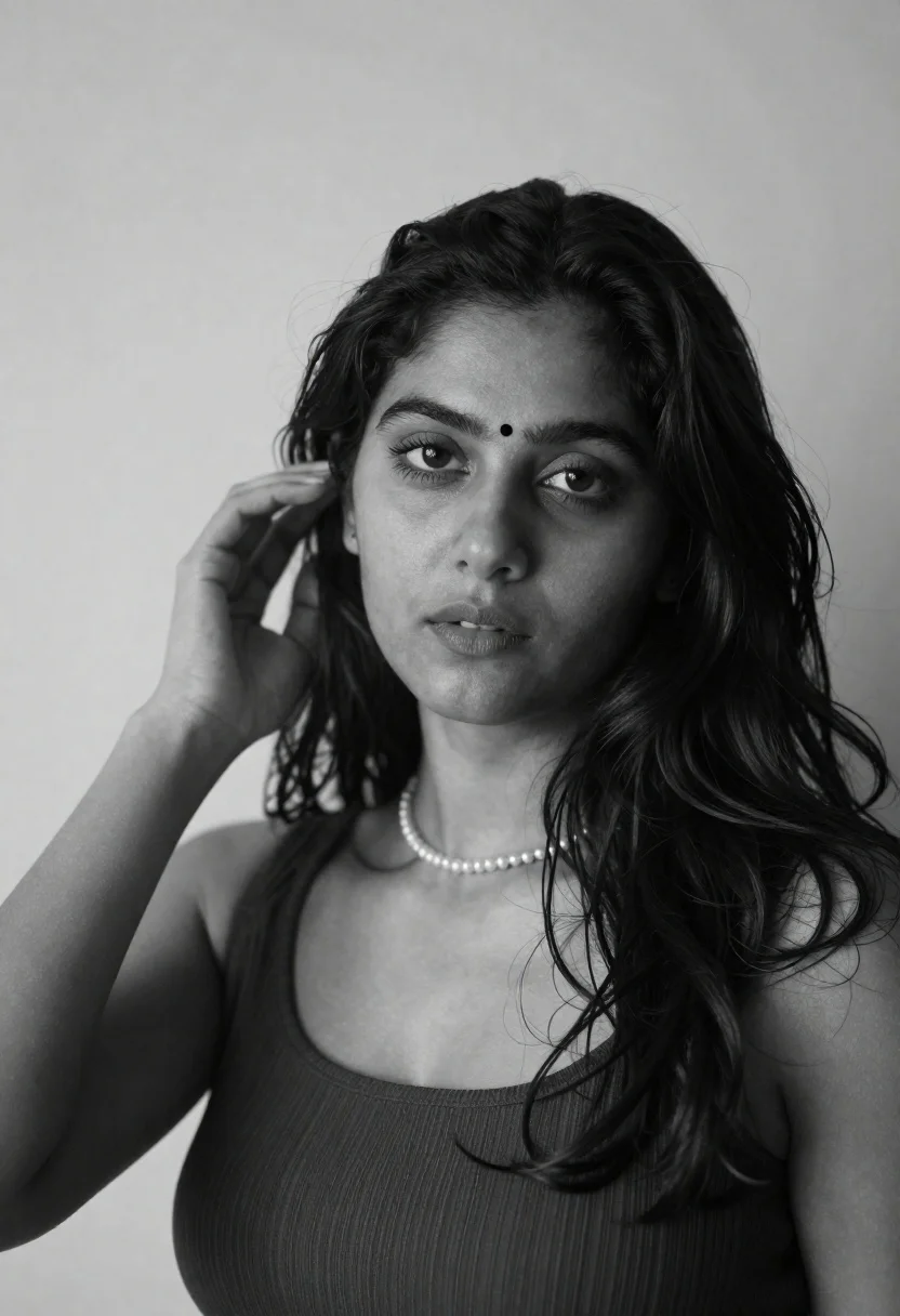Black and white portrait of woman with dark hair touching temple