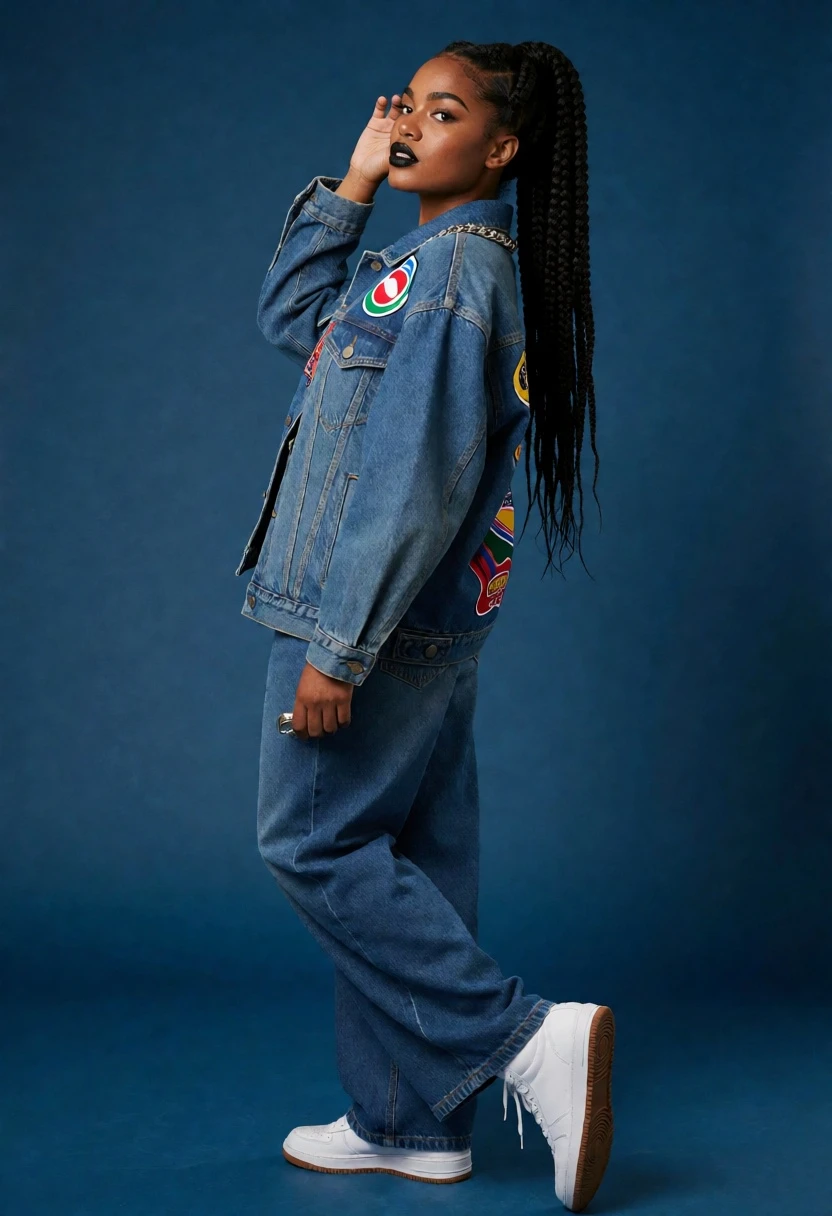 Dark skinned woman in denim jacket posing against solid blue backdrop - AI generated image prompt sample